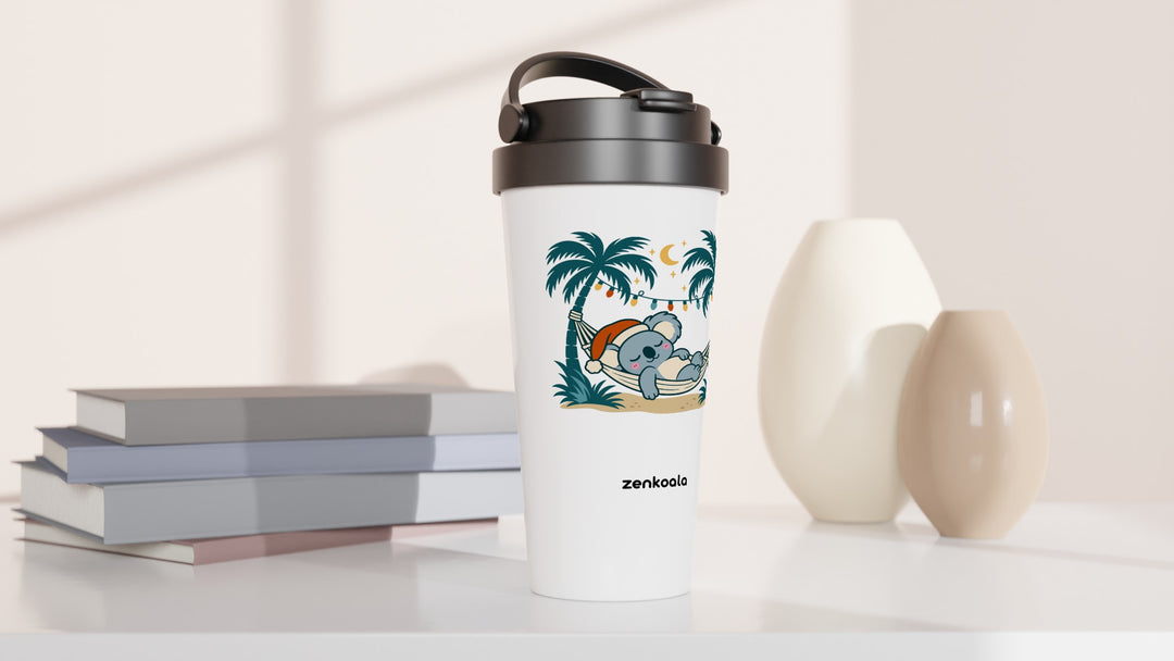 Koala Santa Hammock travel mug beside books and vases, Zen Koala Australia