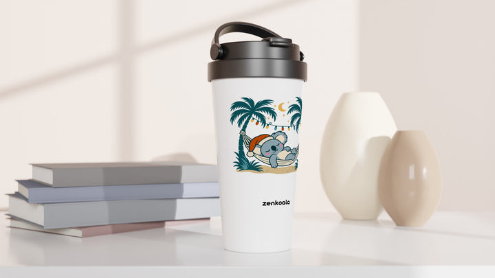 Koala Santa Hammock travel mug beside books and vases, Zen Koala Australia
