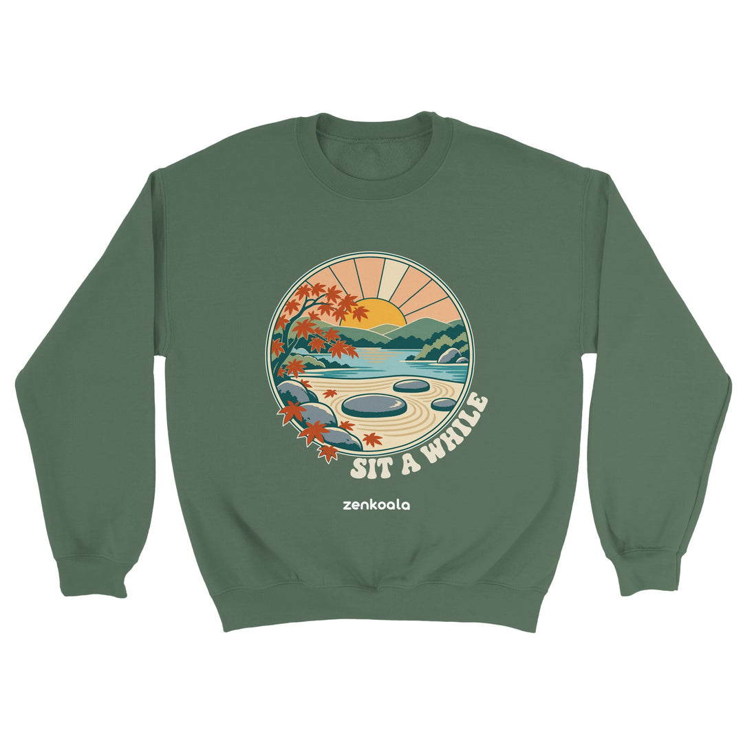 Zen Garden Sit a While feel-good sweatshirt in military green, Zen Koala Australia