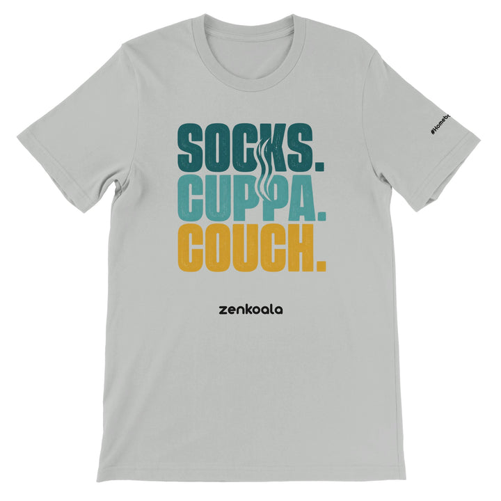 Socks Cuppa Couch feel-good tee in silver — Zen Koala Australia