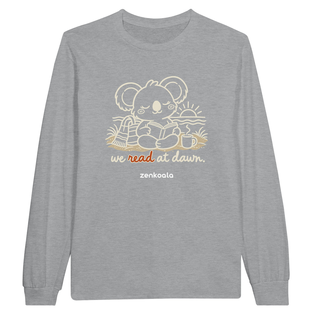 We Read at Dawn feel-good long sleeve tee in sports grey, Zen Koala Australia