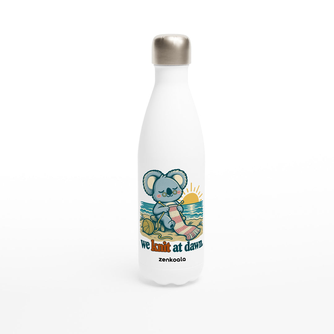 We Knit at Dawn feel-good water bottle: a koala knitting on the beach, Zen Koala Australia