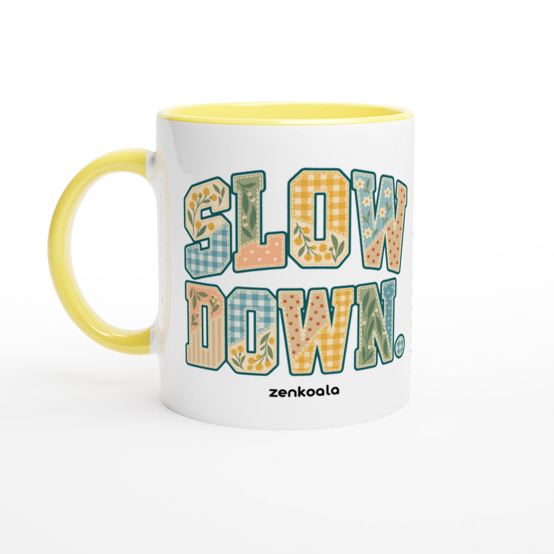 Slow Down Faux Patchwork mug in yellow: white with a yellow rim, inside and handle, Zen Koala Australia