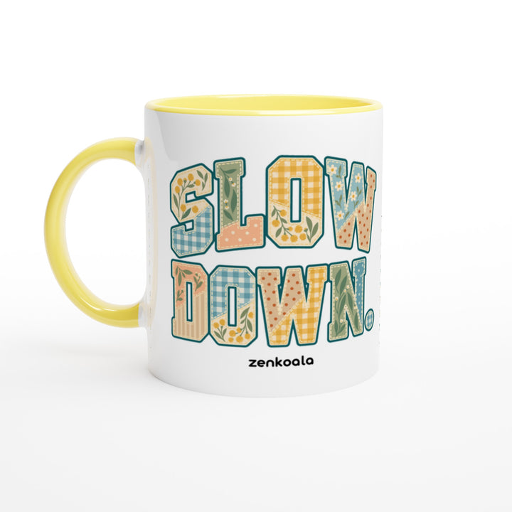 Slow Down Faux Patchwork mug in yellow: white with a yellow rim, inside and handle, Zen Koala Australia