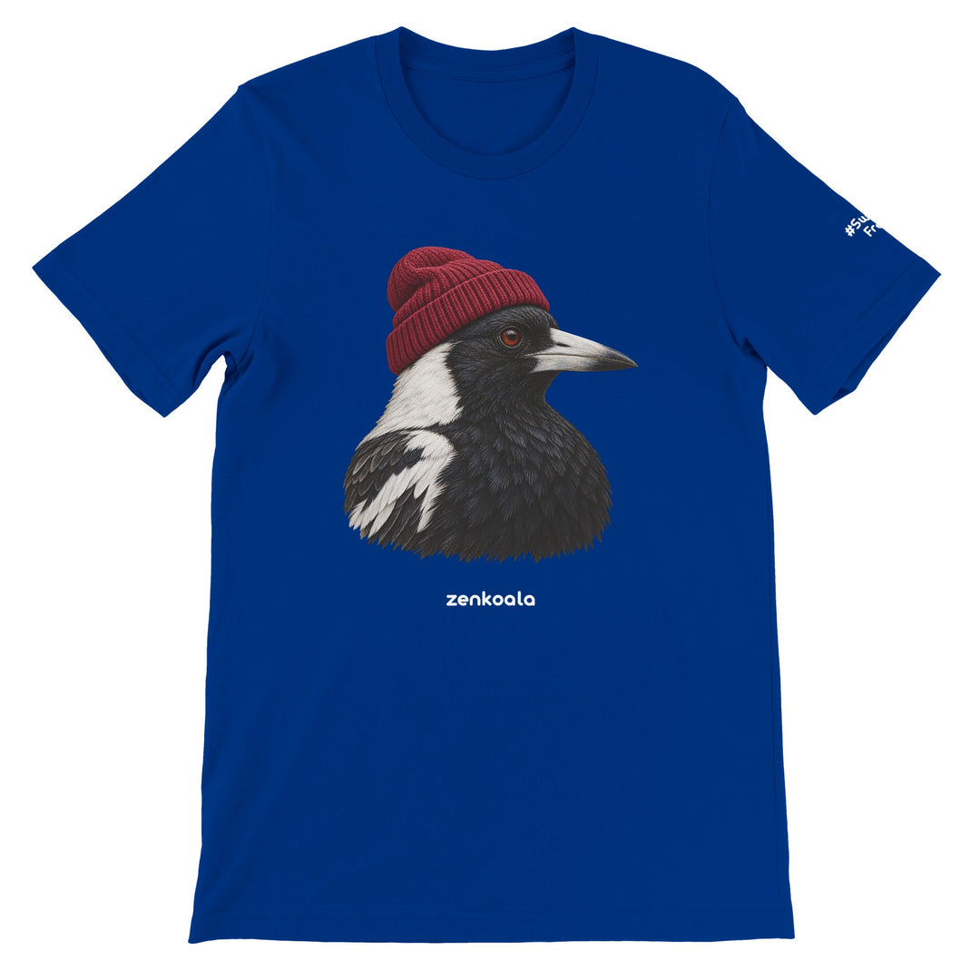 Magpie Beanie feel-good tee in true royal, Zen Koala Australia