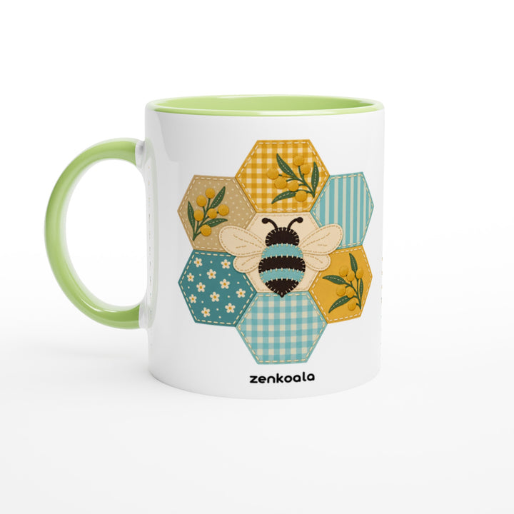 Honeycomb Bee mug in green: white with a green rim, inside and handle, Zen Koala Australia