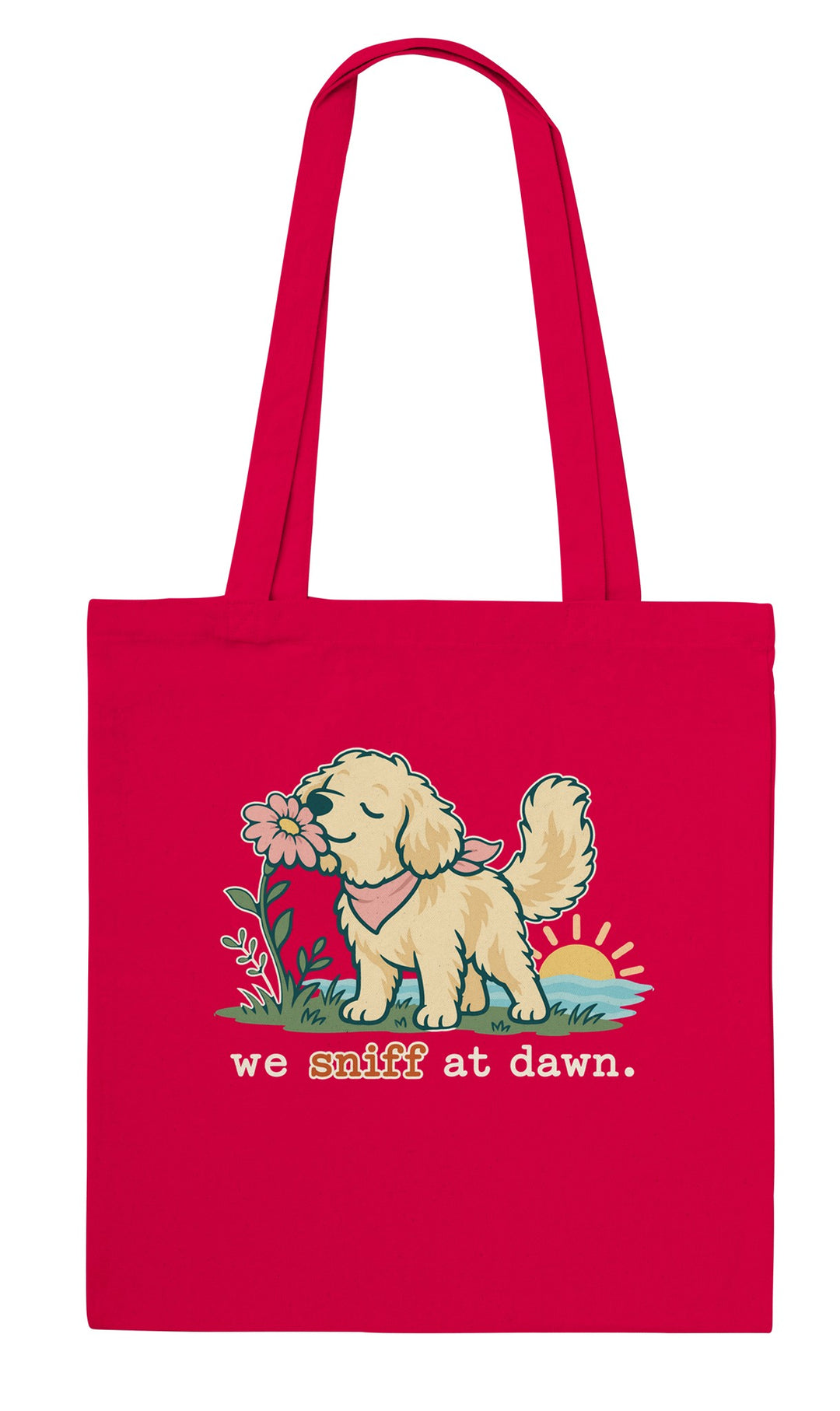 We Sniff at Dawn feel-good tote bag in red, Zen Koala Australia
