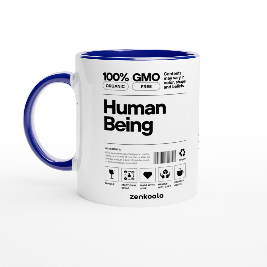 Human Being mug in blue: white with a blue rim, inside and handle, Zen Koala Australia