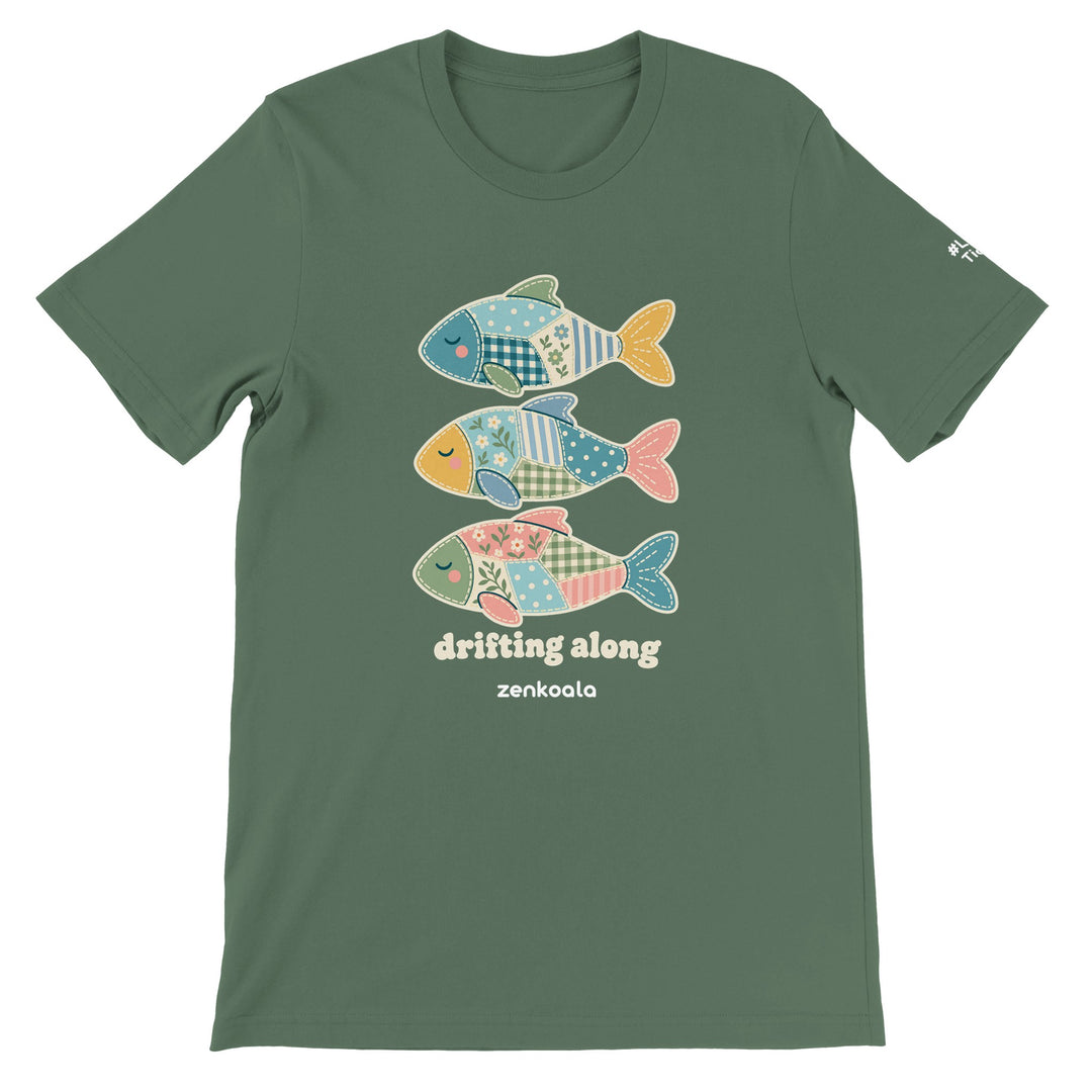 Drifting Along Fish feel-good tee in military green, Zen Koala Australia
