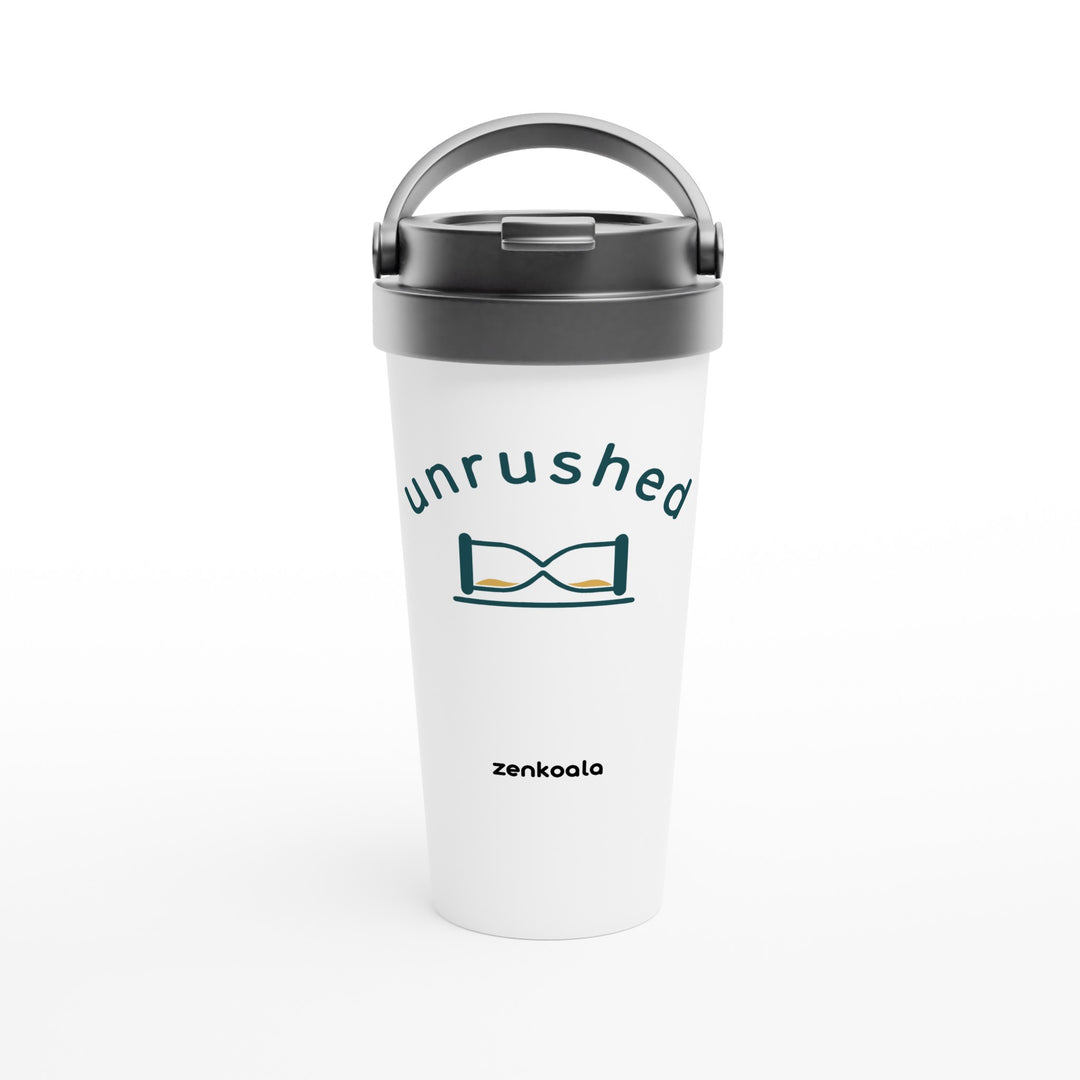 Unrushed feel-good travel mug: a minimalist hourglass tipped on its side, Zen Koala Australia