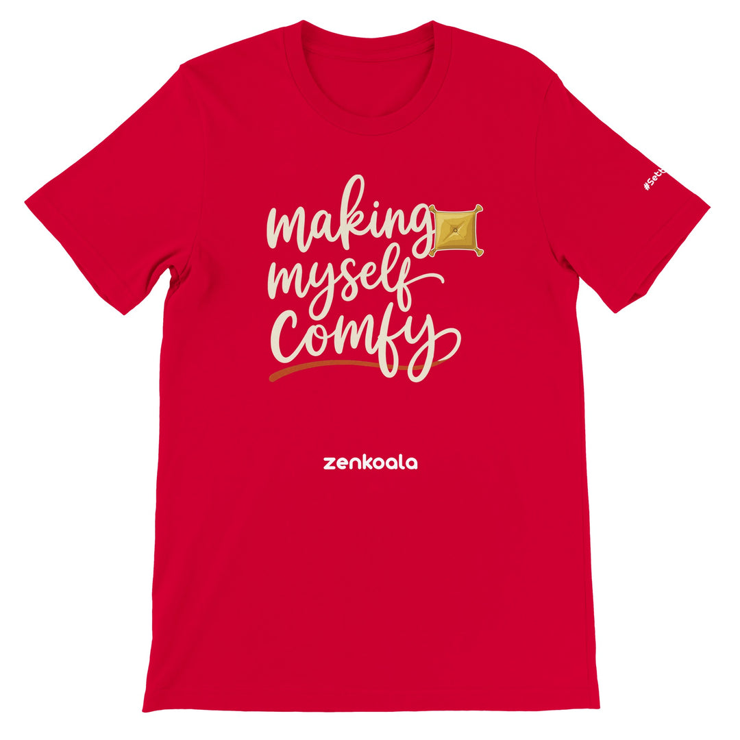 Making Myself Comfy feel-good tee in red — hand-lettered script with a plump tasselled cushion, Zen Koala Australia
