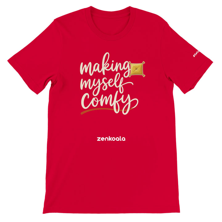 Making Myself Comfy feel-good tee in red — hand-lettered script with a plump tasselled cushion, Zen Koala Australia