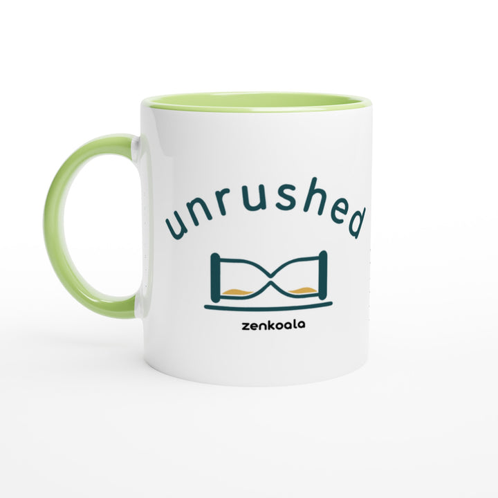 Unrushed mug in green: white with a green rim, inside and handle, Zen Koala Australia