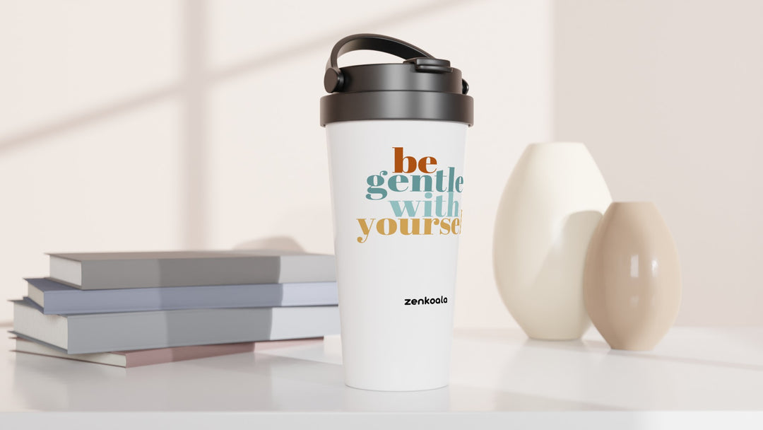 Be Gentle travel mug beside books and vases, Zen Koala Australia