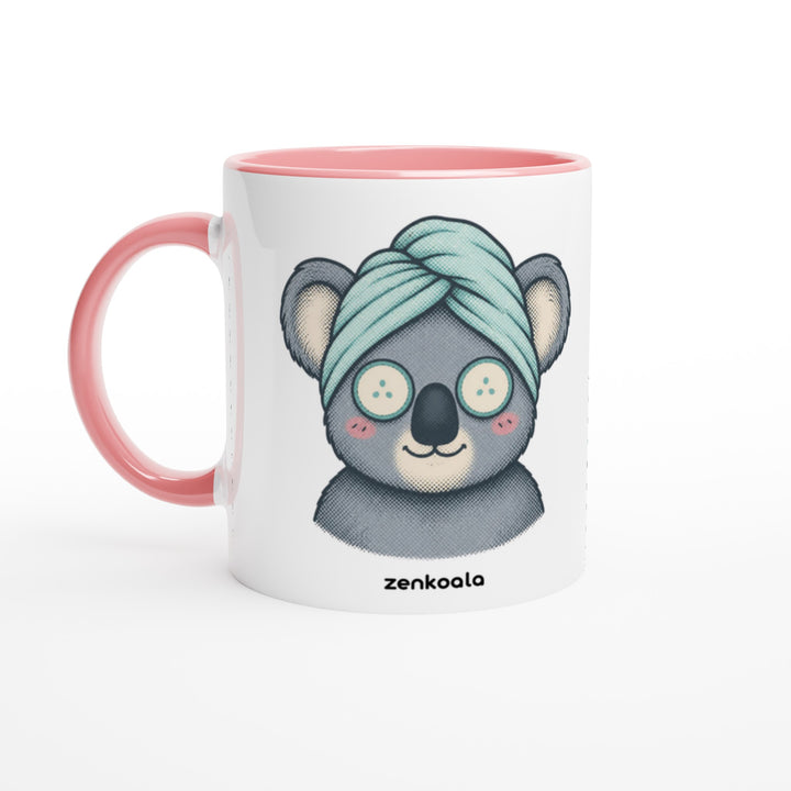 Koala Spa Day mug in pink: white with a pink rim, inside and handle, Zen Koala Australia