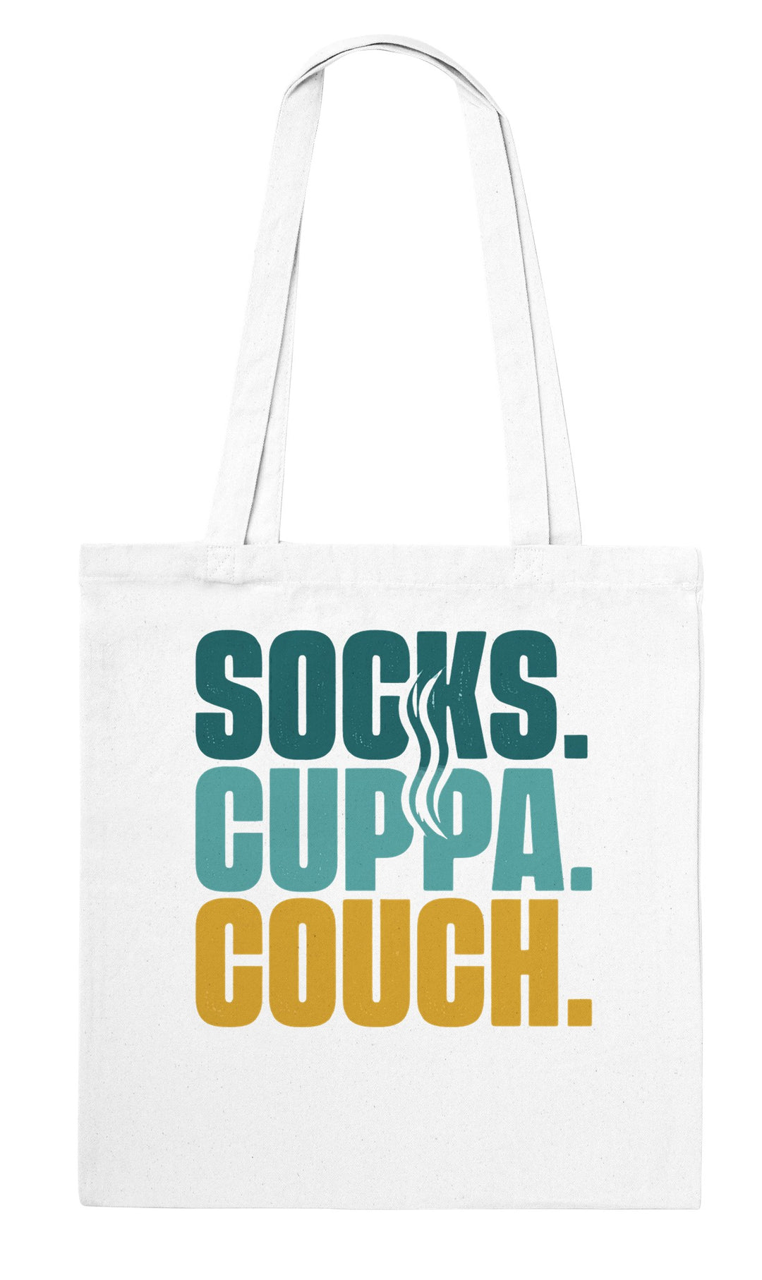 Socks Cuppa Couch feel-good tote bag in white: three words for the perfect evening in, Zen Koala Australia