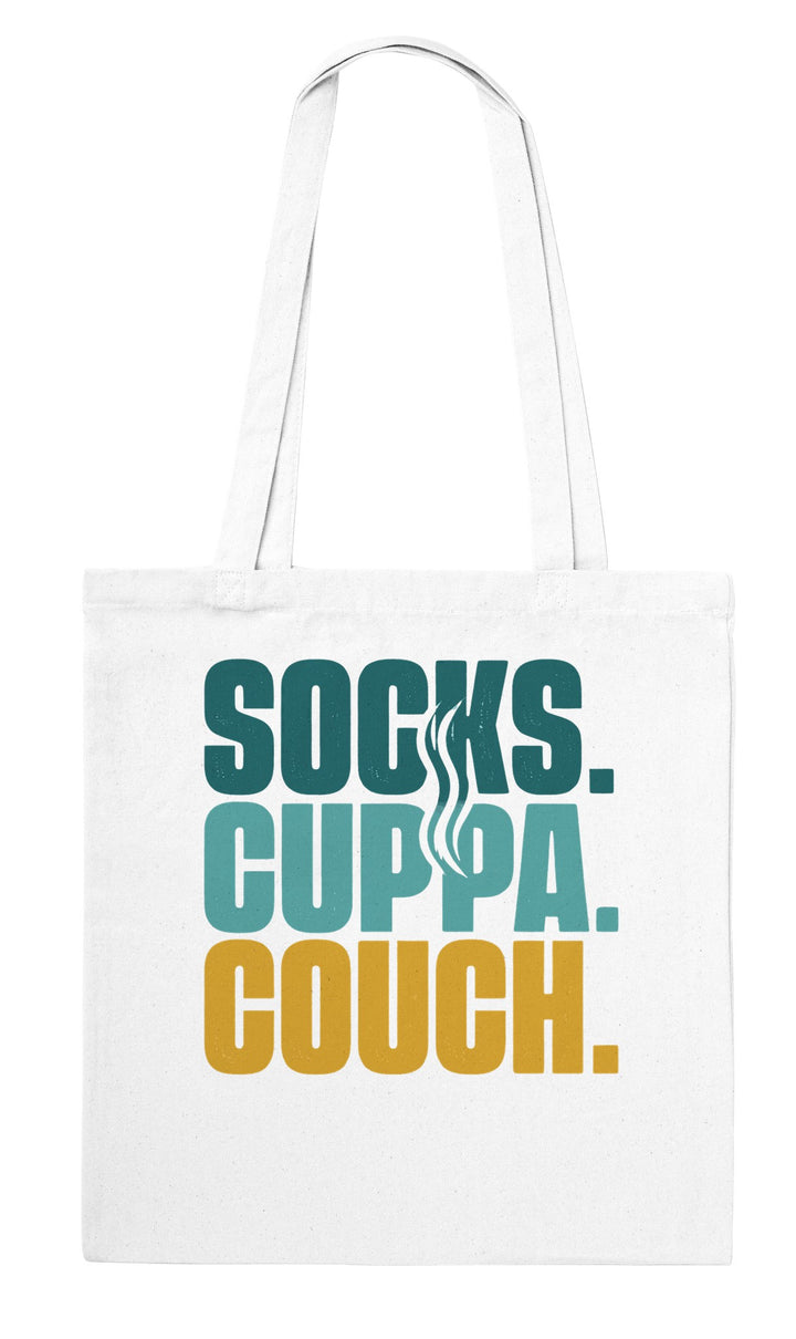 Socks Cuppa Couch feel-good tote bag in white: three words for the perfect evening in, Zen Koala Australia