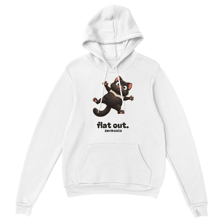 Flat Out feel-good hoodie in white: a Tasmanian devil sprawled flat, Zen Koala Australia