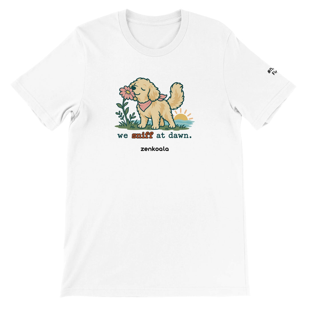 We Sniff at Dawn feel-good tee in white, Zen Koala Australia