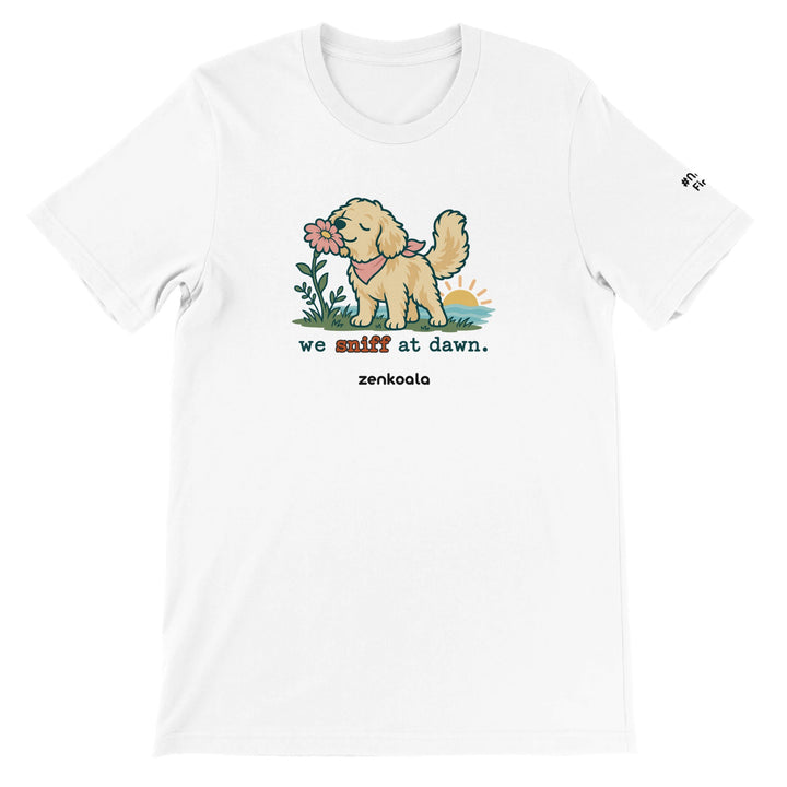 We Sniff at Dawn feel-good tee in white, Zen Koala Australia