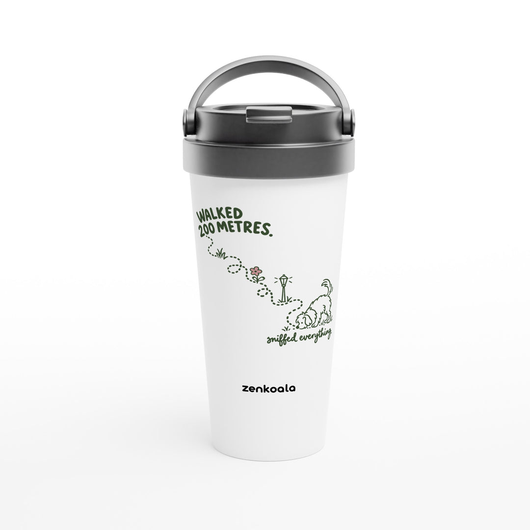Sniffed Everything feel-good travel mug: a little dog on a winding walk, Zen Koala Australia