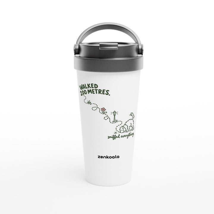 Sniffed Everything feel-good travel mug: a little dog on a winding walk, Zen Koala Australia