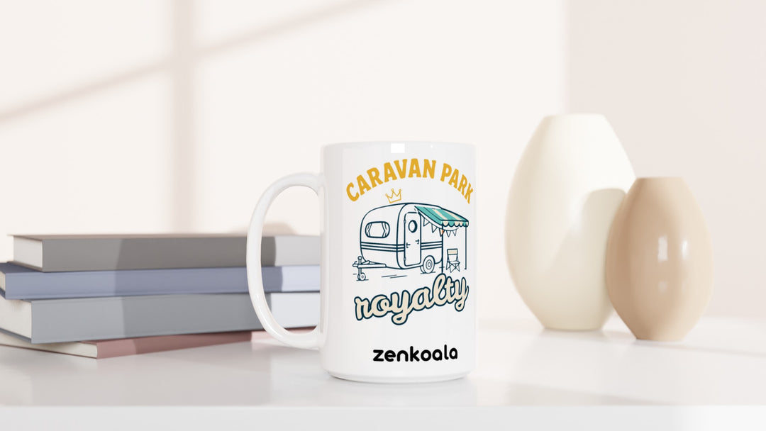 Caravan Park Royalty 15oz mug beside books and vases, Zen Koala Australia