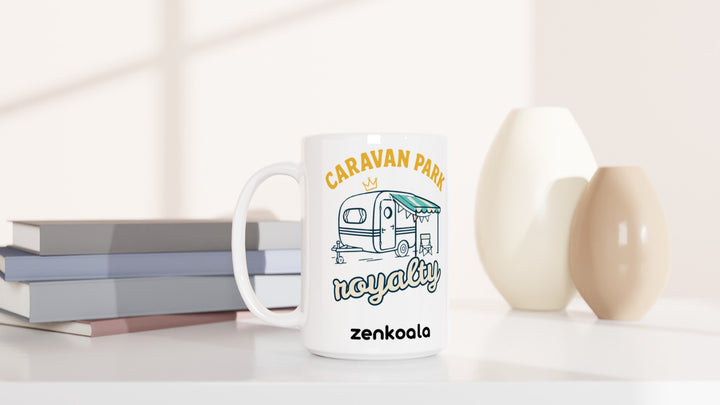 Caravan Park Royalty 15oz mug beside books and vases, Zen Koala Australia