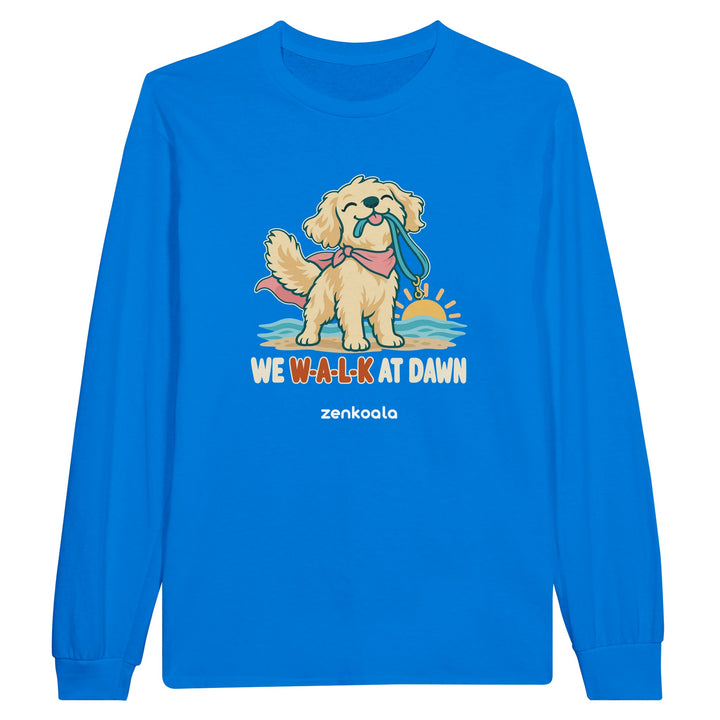 We Walk at Dawn feel-good long sleeve tee in royal, Zen Koala Australia