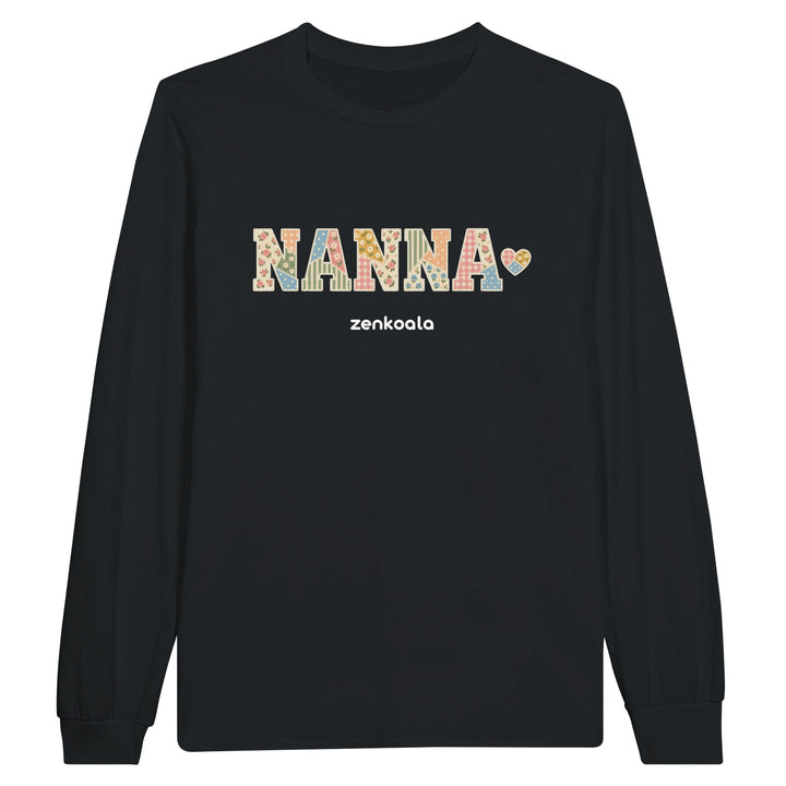 Nanna Faux Patchwork feel-good long sleeve tee in black: vintage faux patchwork letters with a stitched heart, Zen Koala Australia