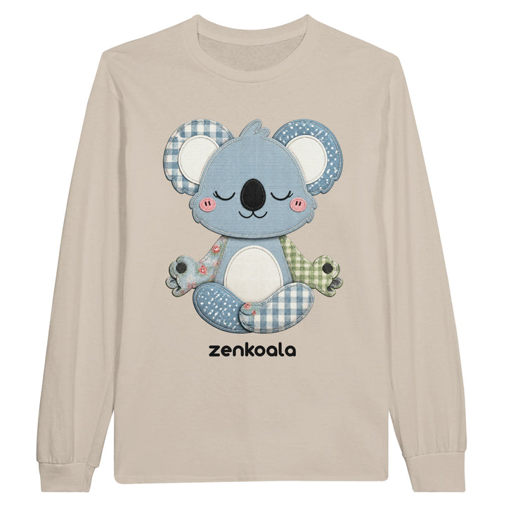 Faux Patchwork Meditating Koala long sleeve tee in sand — Zen Koala Australia