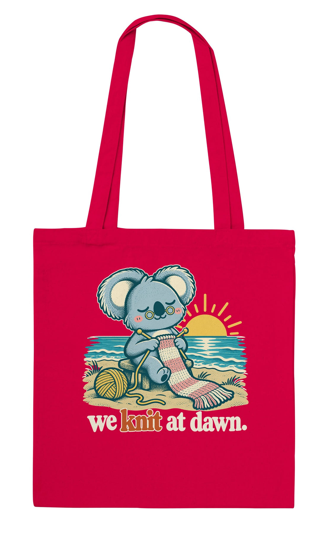 We Knit at Dawn feel-good tote bag in red, Zen Koala Australia