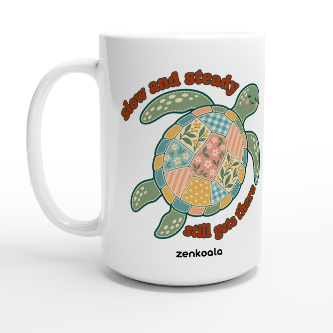 Slow and Steady Turtle feel-good 15oz mug: a faux patchwork sea turtle, Zen Koala Australia