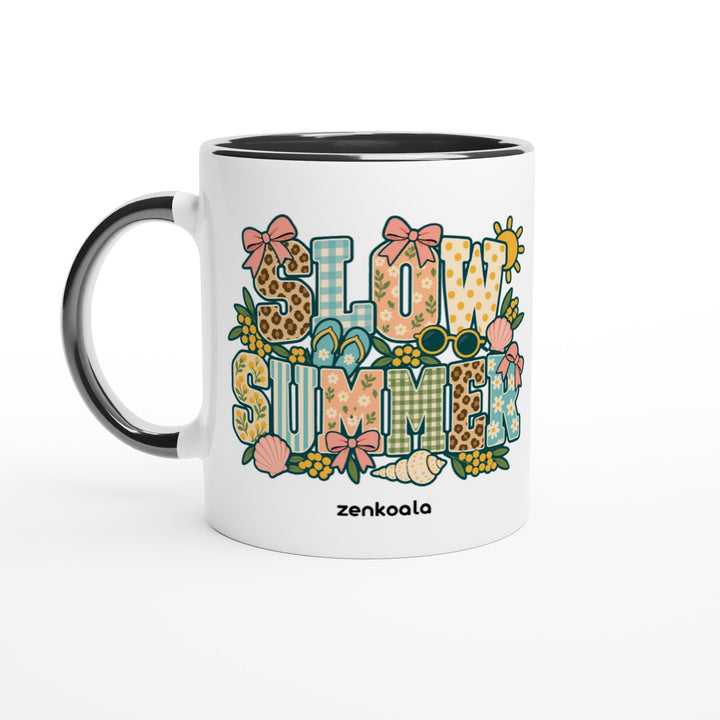 Slow Summer mug in black: white with a black rim, inside and handle, Zen Koala Australia