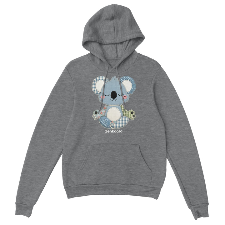 Faux Patchwork Meditating Koala feel-good hoodie in sport grey, Zen Koala Australia