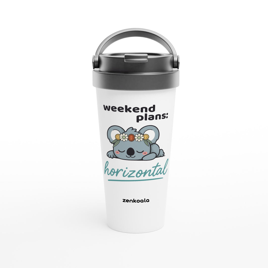 Weekend Plans Horizontal Koala feel-good travel mug: a sleepy koala in a wildflower crown, Zen Koala Australia