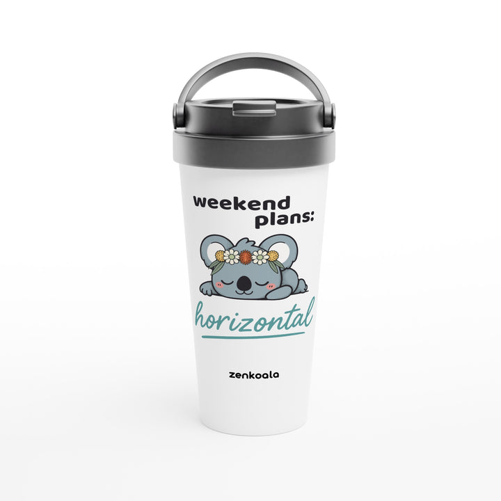 Weekend Plans Horizontal Koala feel-good travel mug: a sleepy koala in a wildflower crown, Zen Koala Australia