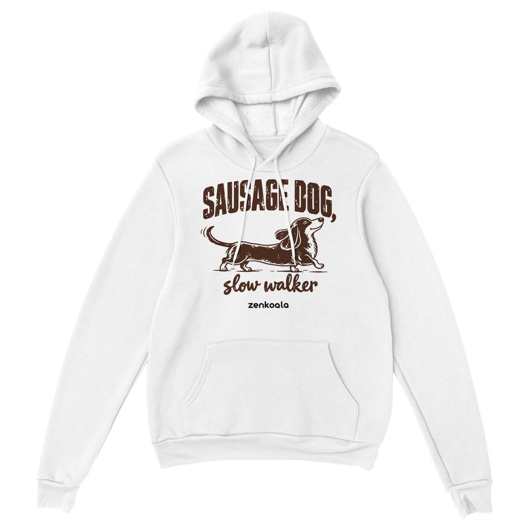 Sausage Dog Slow Walker feel-good hoodie in white, Zen Koala Australia