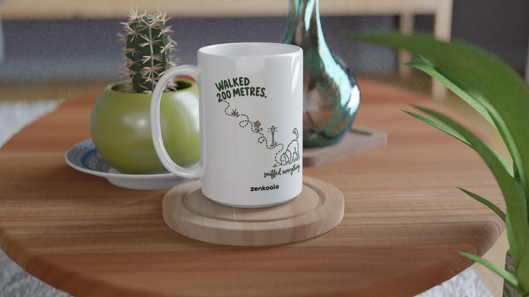 Sniffed Everything 15oz mug on a wooden table with a cactus, Zen Koala Australia