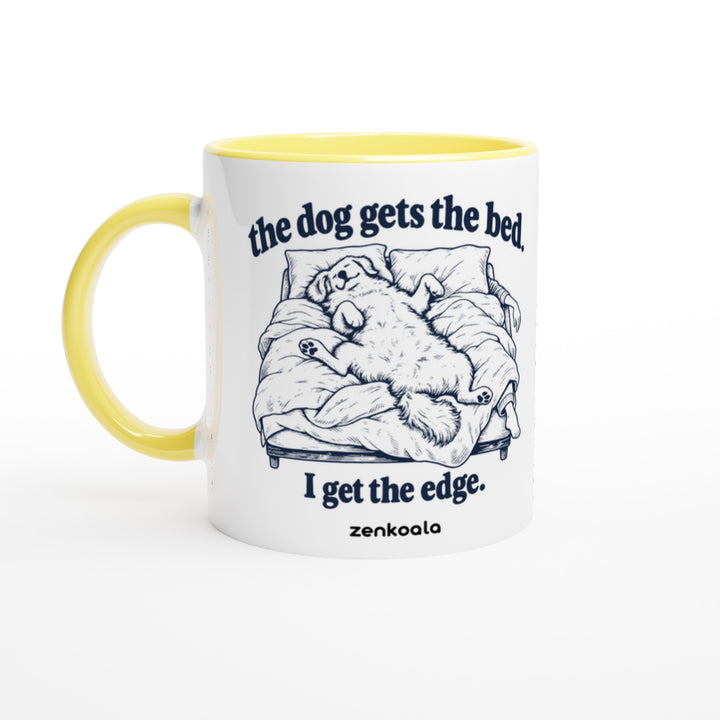 The Dog Gets the Bed mug in yellow: white with a yellow rim, inside and handle, Zen Koala Australia