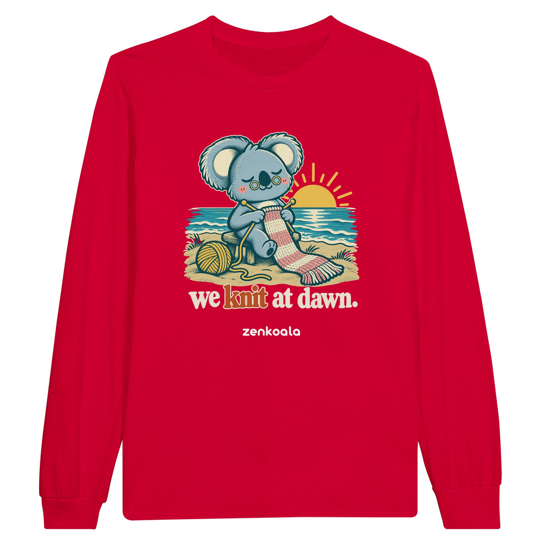 We Knit at Dawn feel-good long sleeve tee in red, Zen Koala Australia