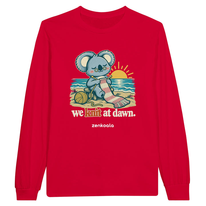 We Knit at Dawn feel-good long sleeve tee in red, Zen Koala Australia