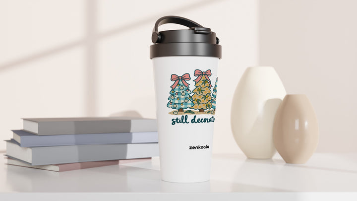 Still Decorating travel mug beside books and vases, Zen Koala Australia