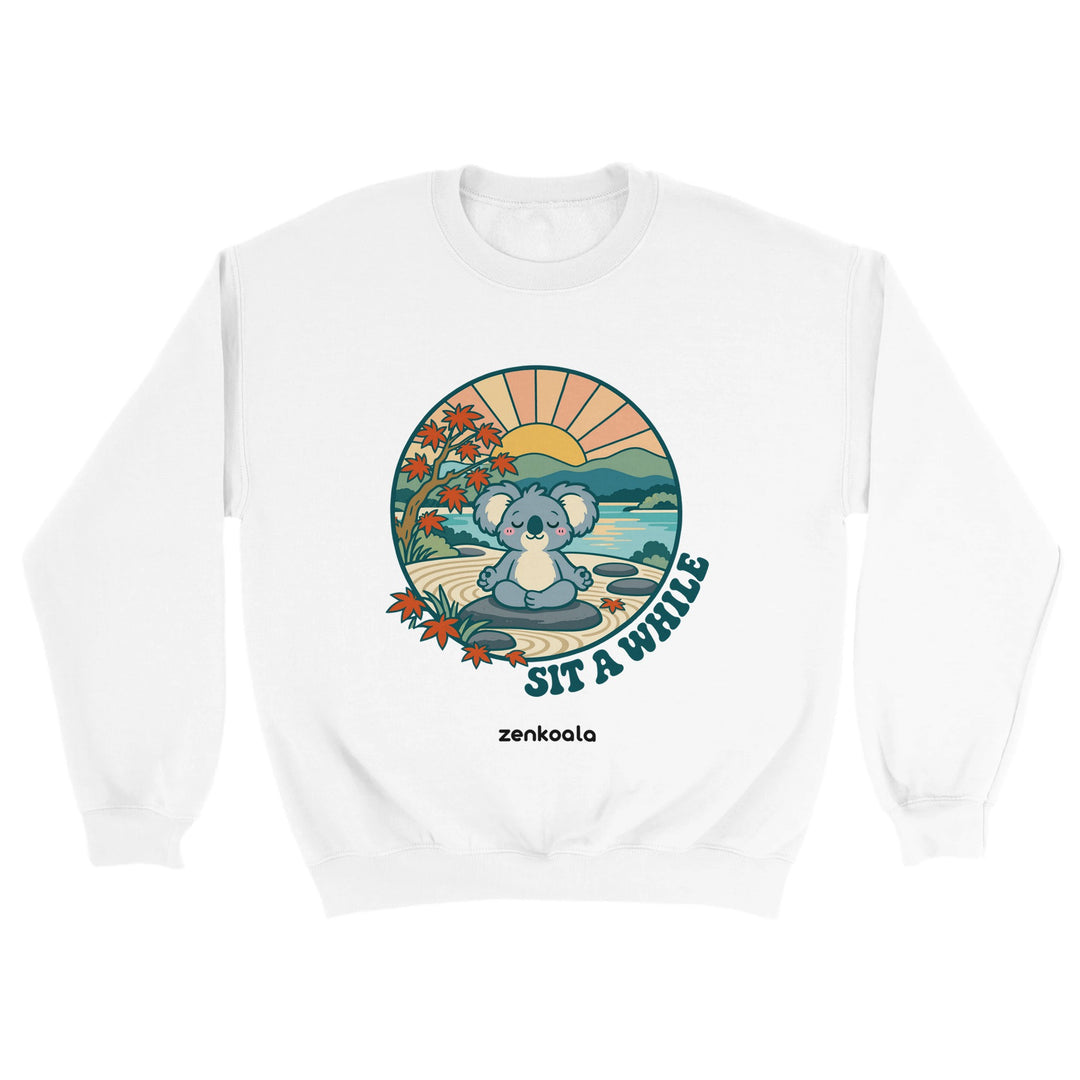 Sit a While feel-good sweatshirt in white, Zen Koala Australia