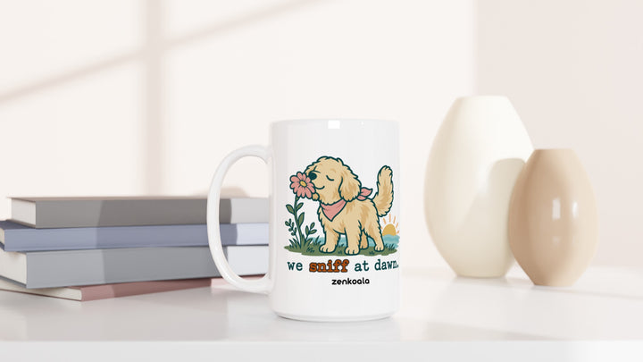 We Sniff at Dawn 15oz mug beside books and vases, Zen Koala Australia