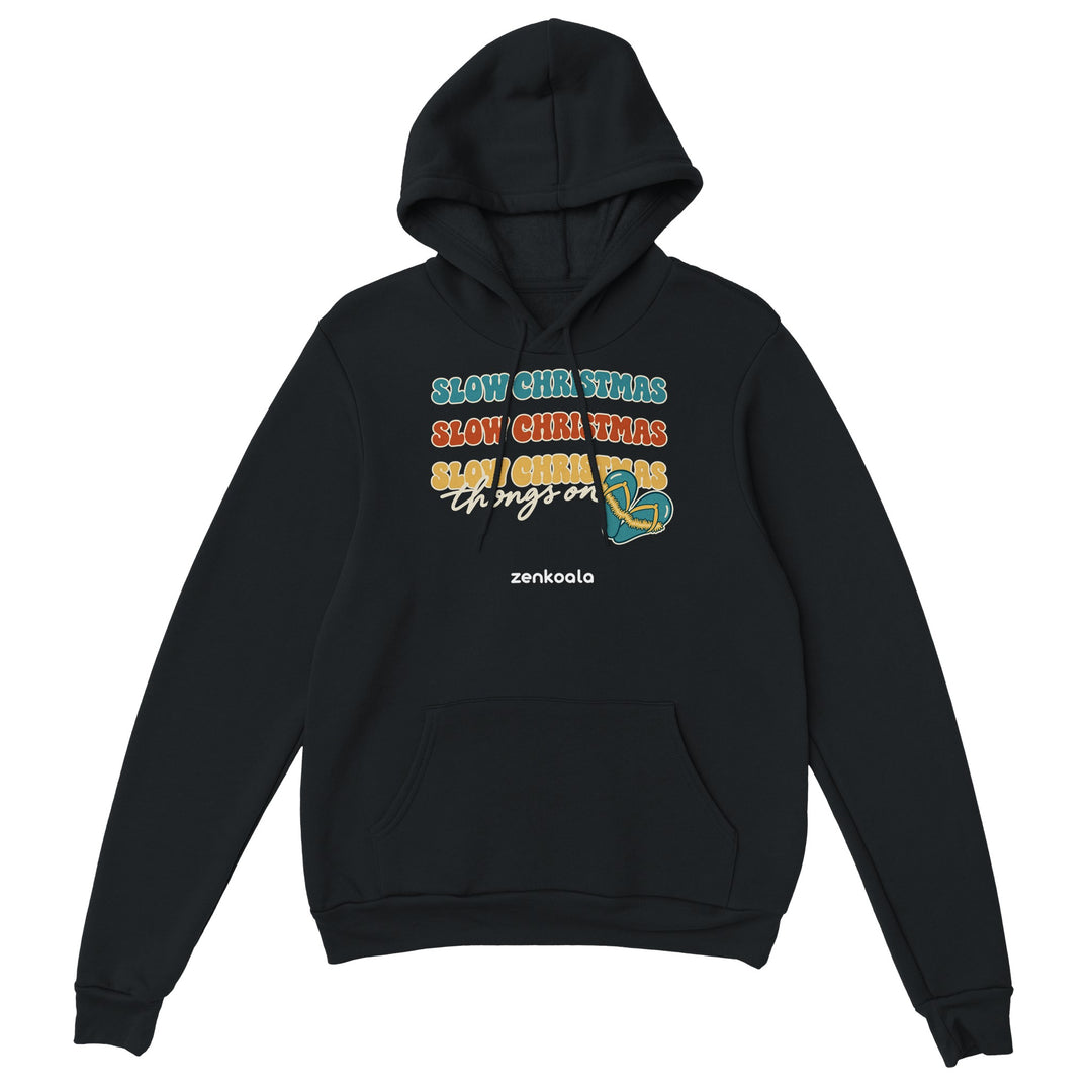 Slow Christmas Thongs On feel-good hoodie in black, Zen Koala Australia