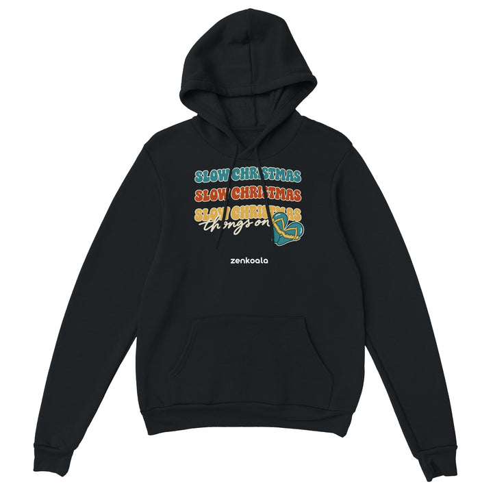 Slow Christmas Thongs On feel-good hoodie in black, Zen Koala Australia