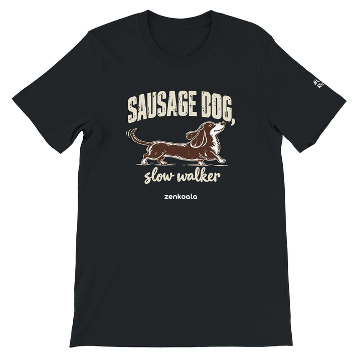 Sausage Dog Slow Walker feel-good tee in black, Zen Koala Australia