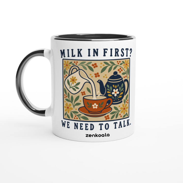 Milk in First mug in black: white with a black rim, inside and handle, Zen Koala Australia