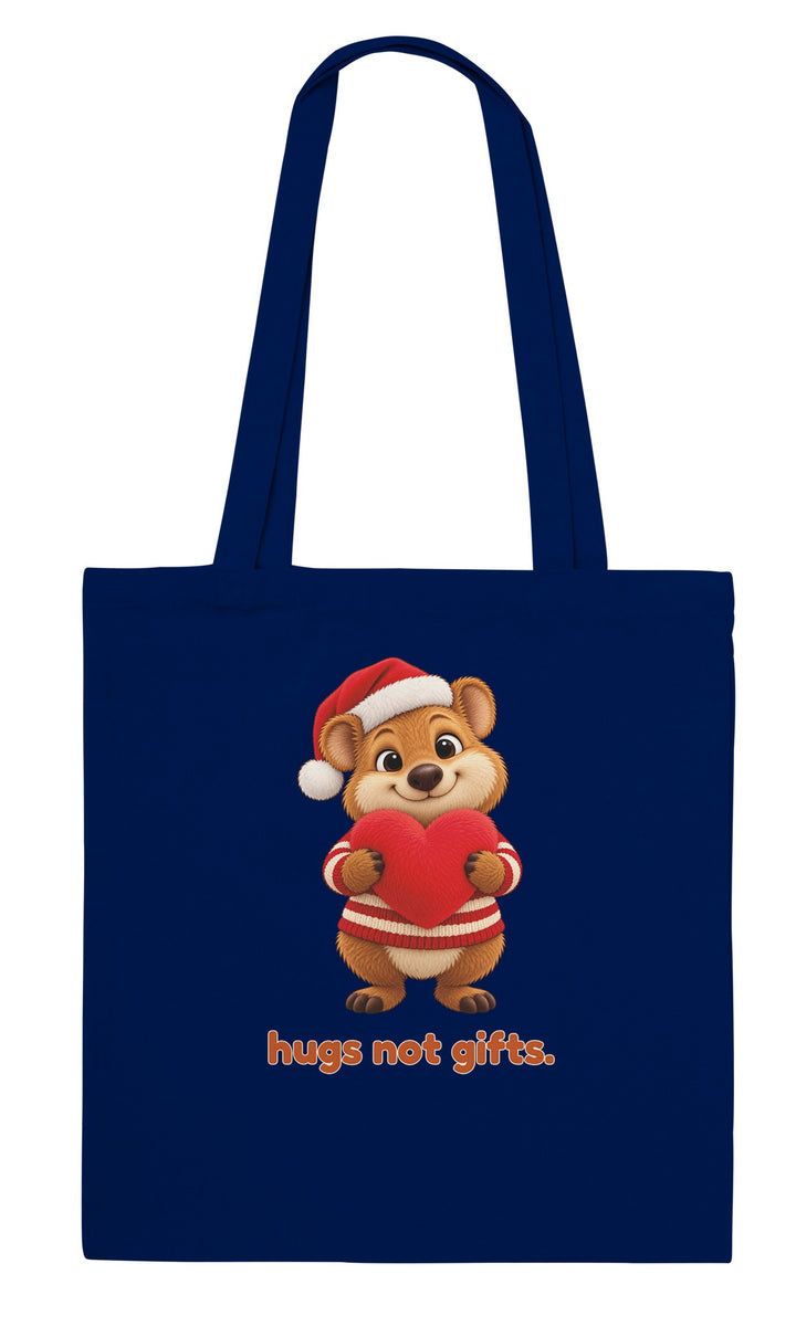 Hugs Not Gifts feel-good tote bag in navy, Zen Koala Australia